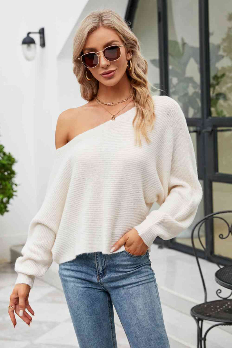 Boat Neck Horizontal Ribbing Dolman Sleeve Sweater