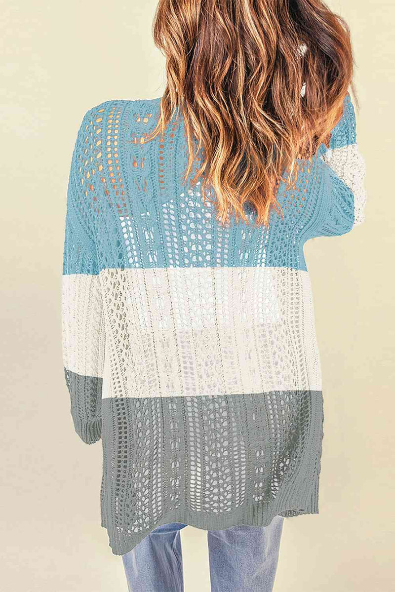 Double Take Openwork Ribbed Cuff Longline Cardigan