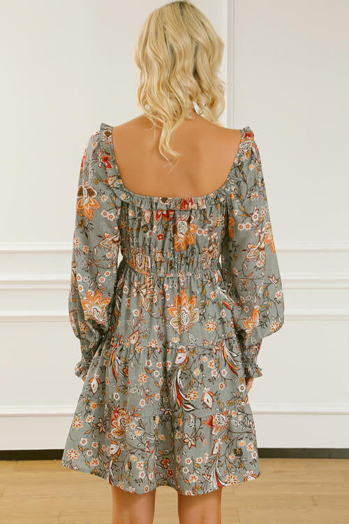 Printed Smocked Lantern Sleeve Tiered Dress