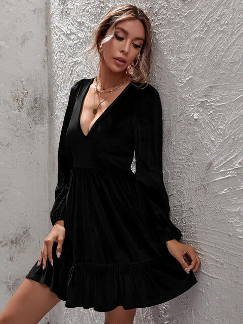 Plunge Long Sleeve Ruffle Hem Dress