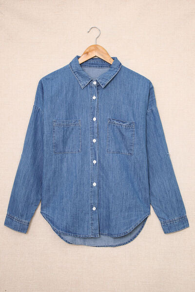 Pocketed Button Up Collared Neck Denim Top